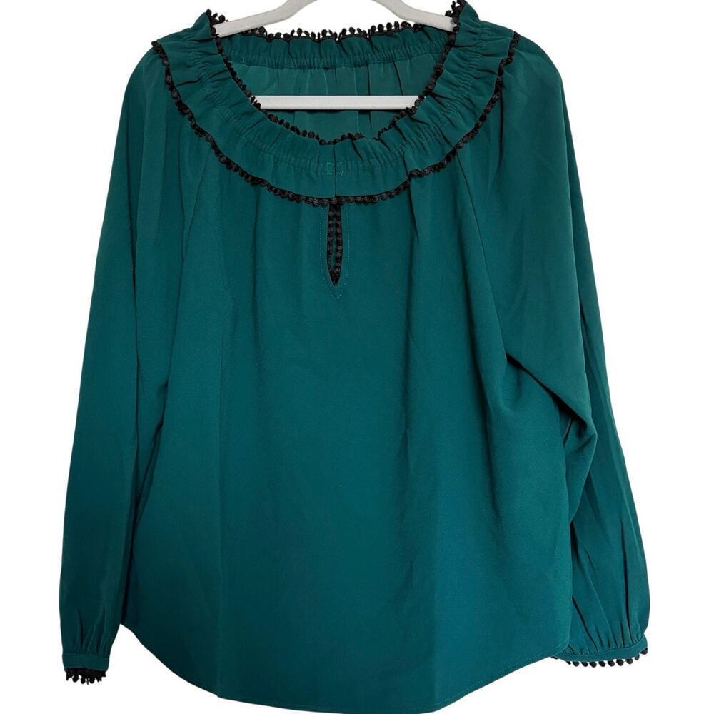VTG J.Crew Green Pom Top Ruffle Blouse Womens M DarkAcademia Business Casual